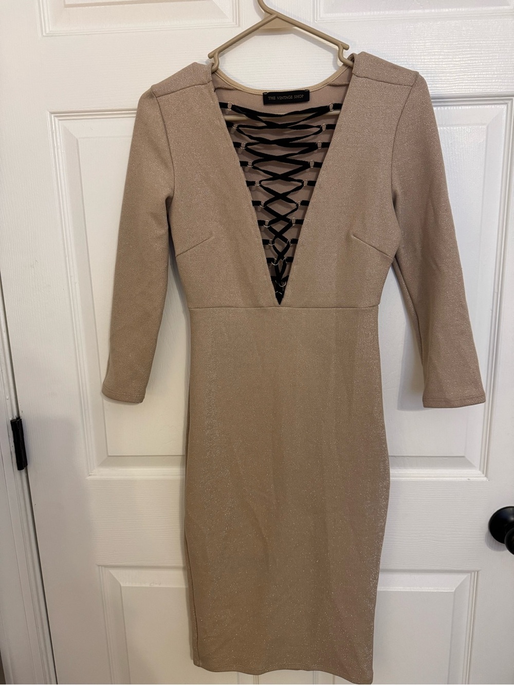 chic Taupe Lace-Up Plunge Long Sleeve Sheath Dress with Sparkle